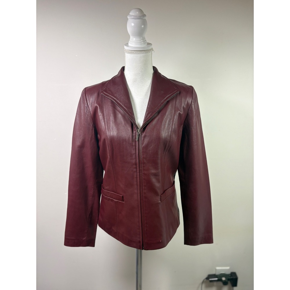 JLC New York Womens Small Burgundy Genuine Leather Full Zip Blazer Jacket Wine